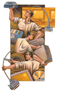 Illustration of men working with 90s computer equipment and parts, done in a diego rivera mural style