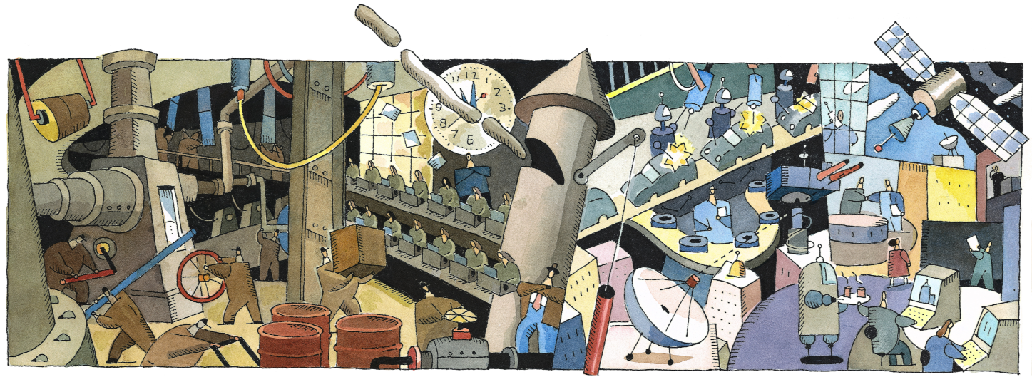 illustration by Robin Jareaux, from Artville Global Enterprise. See colophon section of this site for more information A mural-style illustration depicting industrial activity on the left, transitioning to information technology activity on the right